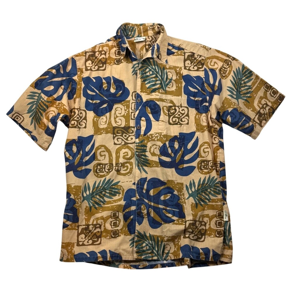 Vintage Go Barefoot Hawaiian Shirt Medium Beige Blue Coastal USA Made 80s 90s‎